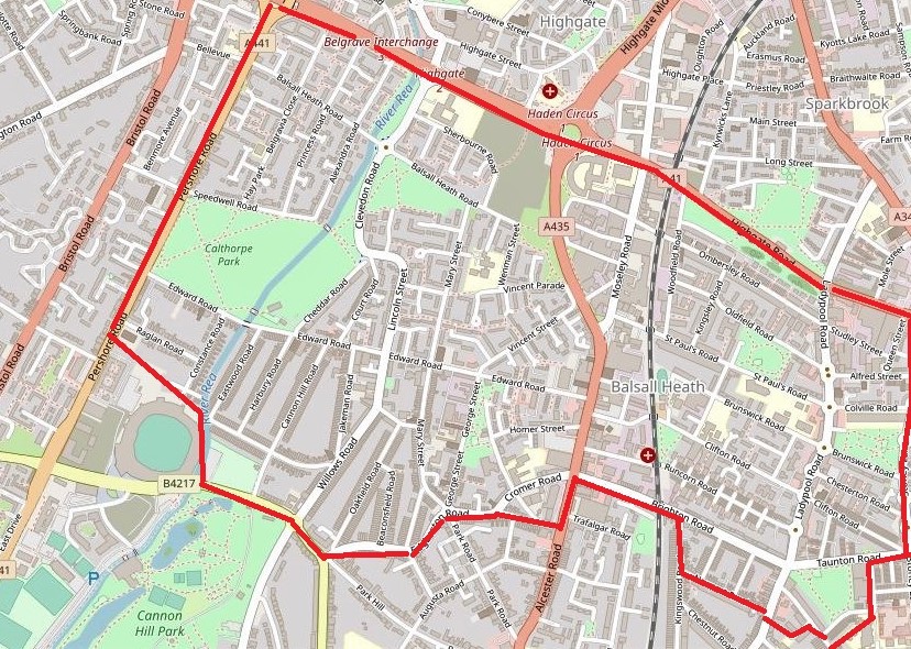 A map of Balsall Heath with the boundary area for the Neighbourhood Council outlined in red. On the western edge the boundary line follows Pershore Rd North of Edgbaston Cricket Ground to the ring road roundabout The Northern edge heads East as far as Stoney Lane The Eastern edge goes South on Stoney Lane to Taunton Road The Southern edge goes South round BH Park and then follows Newport Rd, Brighton Rd, Alcester Rd, Edgbaston Rd and round the Eastern and Northern edge of the cricket ground and back to the Pershore Rd.